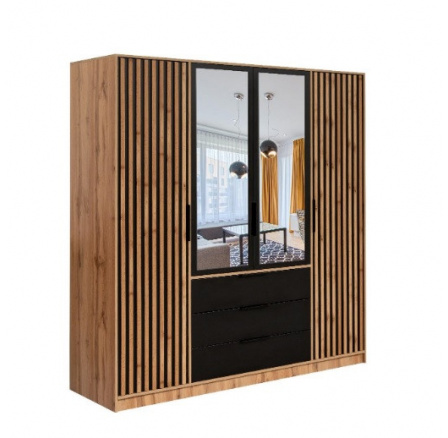 Šatní skříň BALI LUX D4 196 Dub Wotan černá zrcadlo