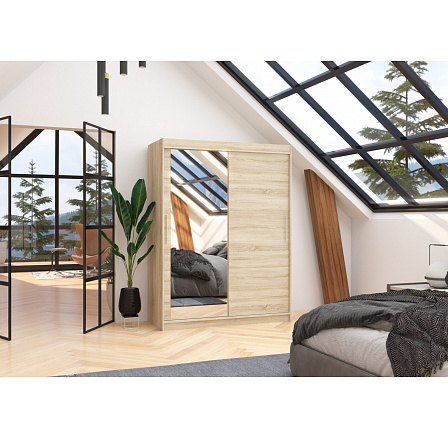 Tolóajtós szekrény tükörrel BIANCO 150 Sonoma+Sonoma