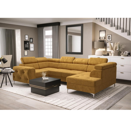 NAROŻNIK ORION MAX II Z FUNKCJĄ SPANIA 165X350X185 CM - Odcienie żółtego , lewa