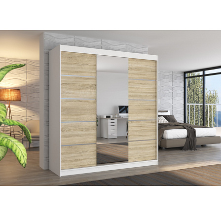 Tolóajtós szekrény tükörrel BERGEN 200 Fehér+Sonoma