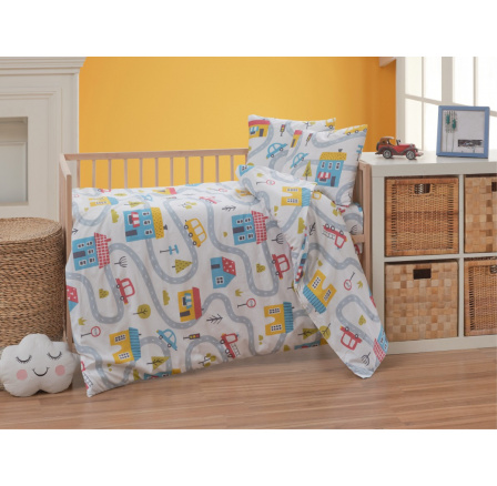 Bavlněné dětské povlečení do malé postýlky 90x135, 45x60 cm Městečko zipový uzávěr