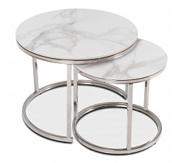 Zestaw Stolików Ceramicznych AMARA Biały Marmur/Srebrny