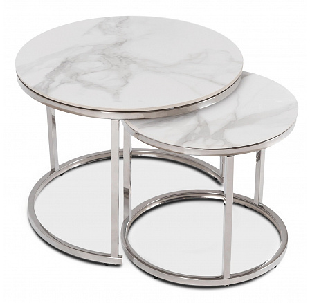 Zestaw Stolików Ceramicznych AMARA Biały Marmur/Srebrny