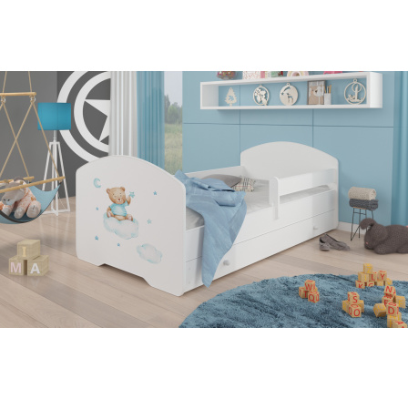 Łóżko z materacem, barierką i szufladą PEPE TEDDY BEAR AND CLOUD 140x70 White Łóżko z materacem, barierką i szufladą PEPE TEDDY BEAR AND CLOUD 140x70 White