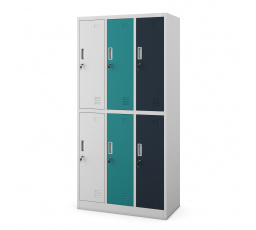 Fém zárható öltözőszekrény szürke-többszínű: 6 rekeszes IGOR, 900 x 1850 x 450 mm