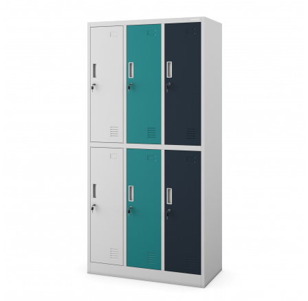 Fém zárható öltözőszekrény szürke-többszínű: 6 rekeszes IGOR, 900 x 1850 x 450 mm