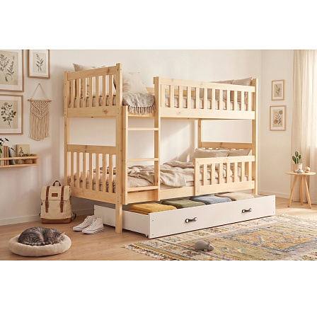 KUBUS emeletes gyerekágy fiókkal 90x200 cm, matracokkal együtt, Természetes/Fehér