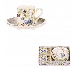 Bögre csészealjjal 2 darab - ajándékszett, porcelán, fehér erdei gyümölcsökkel