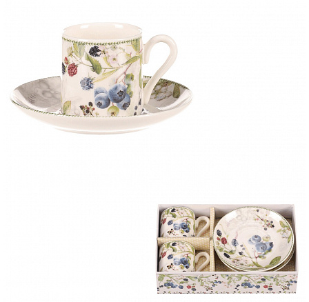 Bögre csészealjjal 2 darab - ajándékszett, porcelán, fehér erdei gyümölcsökkel