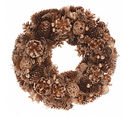 Karácsonyi koszorú - átm. 30 cm, tobozok, ágacskák, bogyók, arany színű