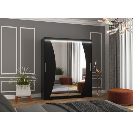 Tolóajtós szekrény tükörrel és LED világítással DOLORES 180 Fekete+Fekete