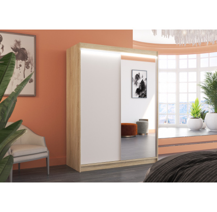 Tolóajtós szekrény tükörrel és LED világítással JORDI 150 Sonoma+Fehér