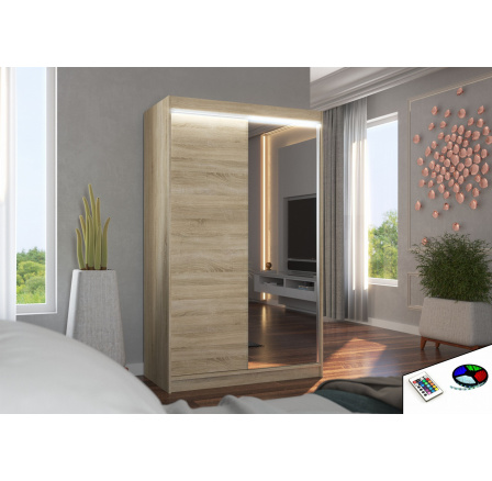 Tolóajtós szekrény tükörrel és LED világítással REWENA 120 Sonoma+Sonoma