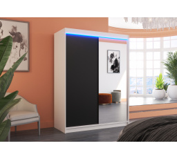 Tolóajtós szekrény tükörrel és LED világítással JORDI 150 Fehér+Fekete