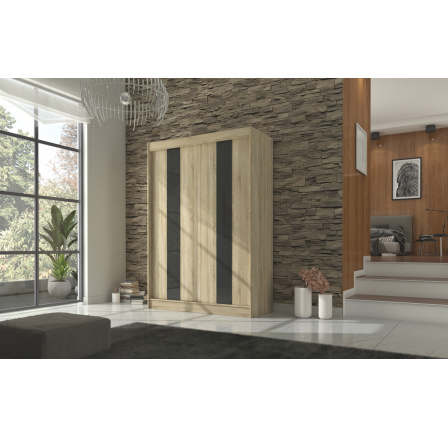 Tolóajtós szekrény lacobellel KAREN 150 Sonoma+Fekete Lacobel