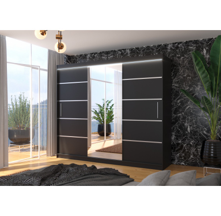 Tolóajtós szekrény, tükörrel és LED világítással SALTO 250 Fekete+Fekete