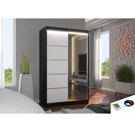 Tolóajtós szekrény tükörrel és LED világítással NICEA 120 Fekete+Fehér