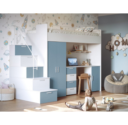 Patrová postel PARADISE 4S Bílá Modrá mat