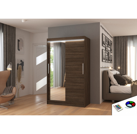 Tolóajtós szekrény tükörrel és LED világítással BARIO 120 Choco+Choco