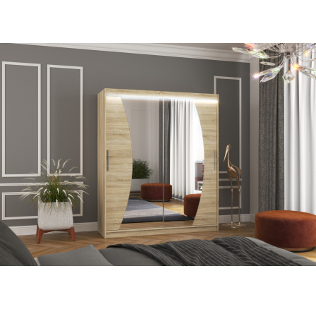 Tolóajtós szekrény tükörrel és LED világítással DOLORES 180 Sonoma+Sonoma