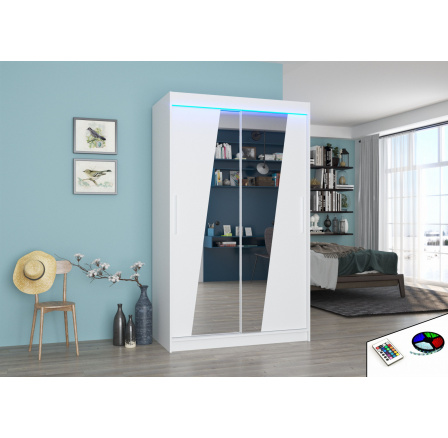 Tolóajtós szekrény tükörrel és LED világítással TEXAS 120 Fehér+Fehér