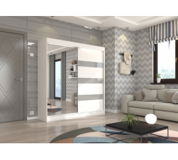 Tolóajtós szekrény tükörrel és lacobellel TOURA 200 Fehér+Szürke Lacobel