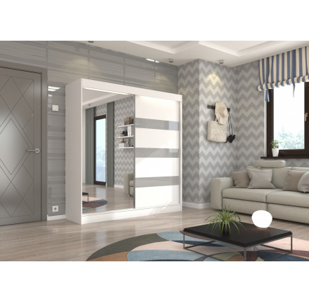 Tolóajtós szekrény tükörrel és lacobellel TOURA 200 Fehér+Szürke Lacobel