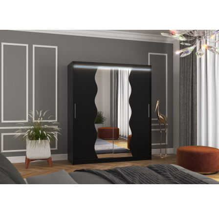Tolóajtós szekrény tükörrel és LED világítással KANSAS 180 Fekete+Fekete