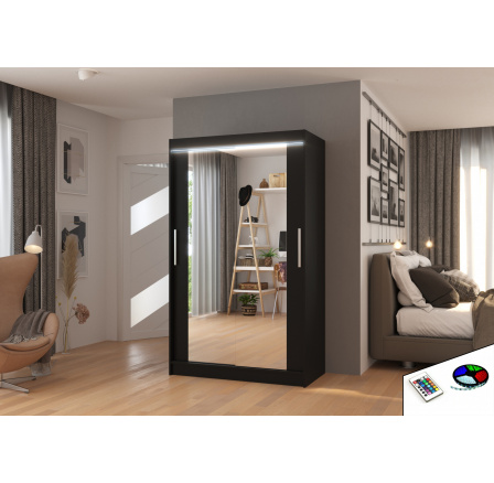 Tolóajtós szekrény tükörrel és LED világítással TIBAGO 120 Fekete+Fekete