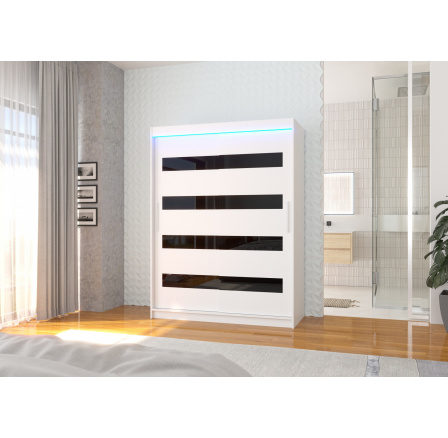 Tolóajtós szekrény lacobellel és LED világítással MARTINEZ 150 Fehér+Fekete Lacobel