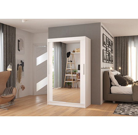 TIBAGO 120 tolóajtós és tükörrel ellátott ruhásszekrény Fehér+Fehér