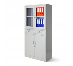 Irodai üvegezett fém iratszekrény fiókokkal EDMUND, 900 x 1850 x 400 mm, szürke