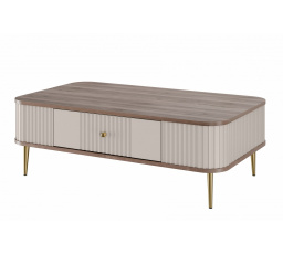 Stolik kawowy z szufladą Vesper 103x60 cm - kaszmir / orzech / złote nogi