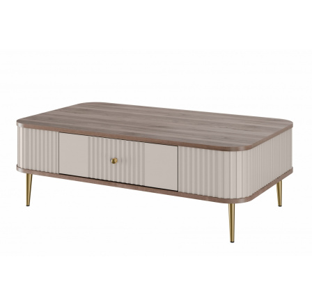 Stolik kawowy z szufladą Vesper 103x60 cm - kaszmir / orzech / złote nogi