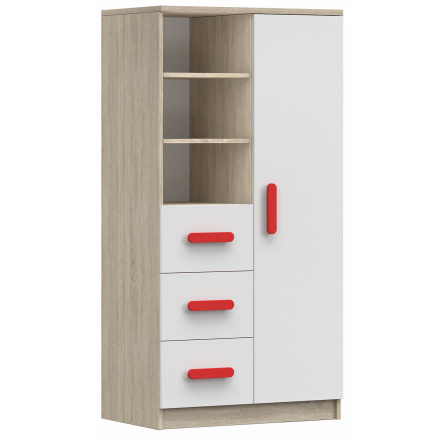 Polc 80 3S1D SMYK III - 05, Sonoma Tölgy/Fehér/Piros