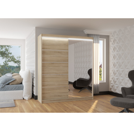 Tolóajtós szekrény tükörrel és LED világítással CARO 180 Sonoma+Sonoma