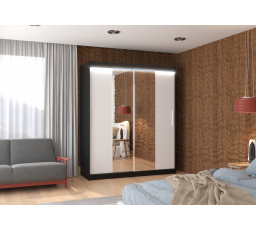 Tolóajtós szekrény tükörrel és LED világítással DALLAS 180 Fekete+Fehér