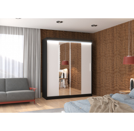 Tolóajtós szekrény tükörrel és LED világítással DALLAS 180 Fekete+Fehér