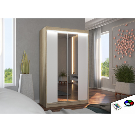 Tolóajtós szekrény tükörrel és LED világítással MARVIN 120 Sonoma+Fehér