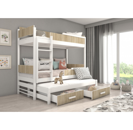 Háromszemélyes emeletes ágy matracokkal QUEEN 180x80 Fehér+Sonoma