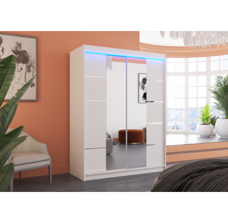 Tolóajtós szekrény tükörrel és LED világítással NORDIC 150 Fehér+Fehér