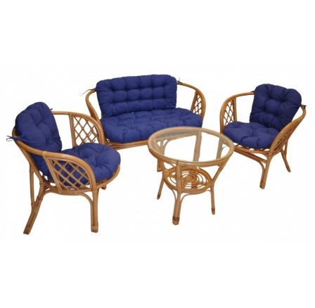 Ratanová sedací souprava Bahama tmavý med velká polstry modrý melír