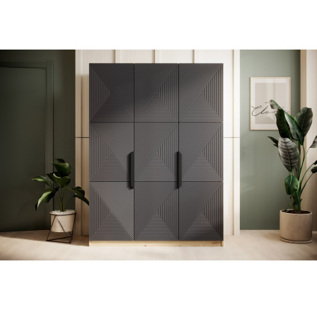 Trzydrzwiowa szafa Asha z metalowymi uchwytami 150 cm - artisan / rivier stone mat / czarne uchwyty