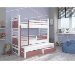 Háromszemélyes emeletes ágy HIPPO 180x80 Fehér+Rózsaszín