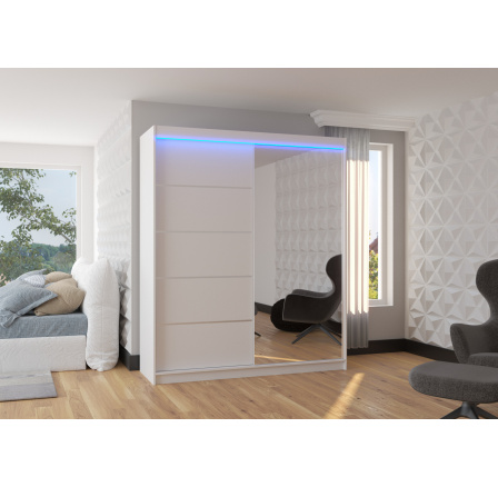 Tolóajtós szekrény tükörrel és LED világítással CARO 180 Fehér+Fehér