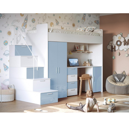 Patrová postel PARADISE 4S, Bílá Tyrkys lesk