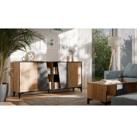 OVO 4D komód, sötét beton/öreg tölgy