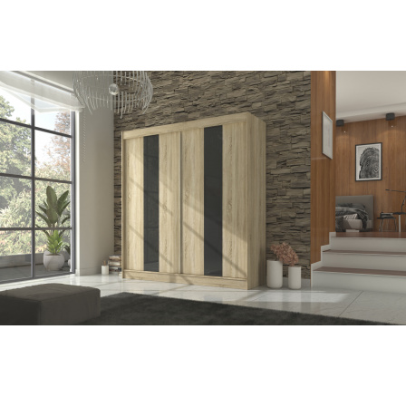 Tolóajtós szekrény lacobellel KAREN 200 Sonoma+Fekete Lacobel