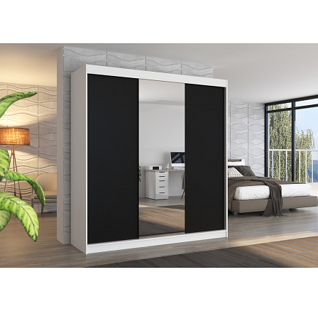 Tolóajtós szekrény tükörrel SANTIAGO 200 Fehér+Fekete