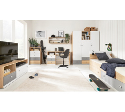 PIXEL-B gyerekszoba 90x200 cm-es ággyal, Keksz Tölgy/Fehér Lux/Szürke